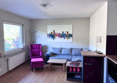 Wohnbereich mit Aussicht und Lesesessel Ferienwohnung Rheinblick 549